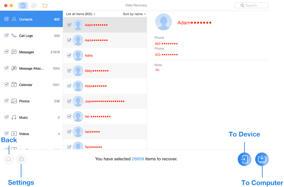 نتيجة المسح لبرنامج PhoneRescue لهواتف MOTOROLA