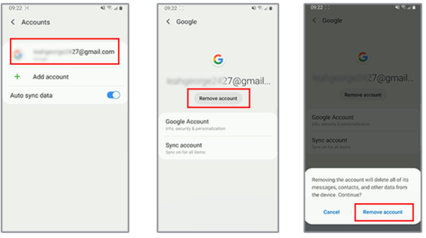 إزالة حساب Google من إعدادات هاتف Android المفتوح
