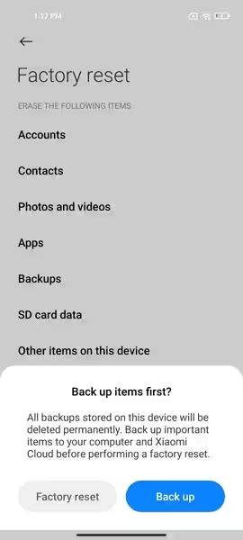 انقر فوق النسخ الاحتياطي قبل إعادة ضبط المصنع