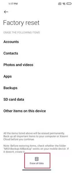 اضغط على مسح جميع البيانات في الأسفل