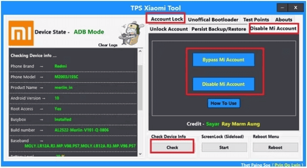تعطيل حساب Mi في أداة TPS Xiaomi