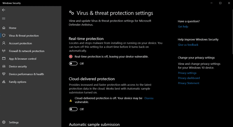 تعطيل الحماية في الوقت الفعلي على نظام التشغيل Windows