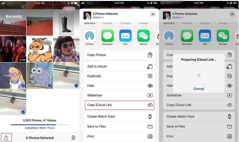 انسخ رابط iCloud لنقل الصور من iPhone إلى iPhone