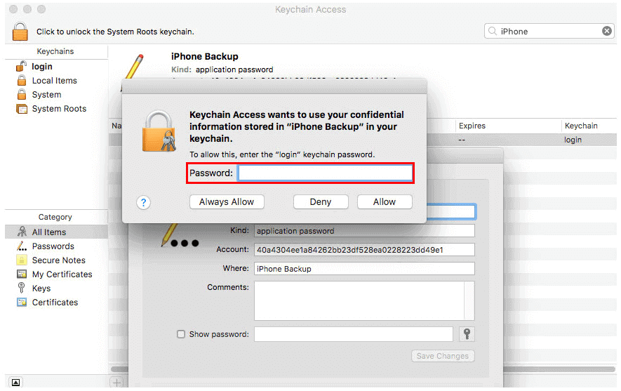 استعادة كلمة مرور النسخ الاحتياطي على iTunes عبر Keychain - الخطوة 3