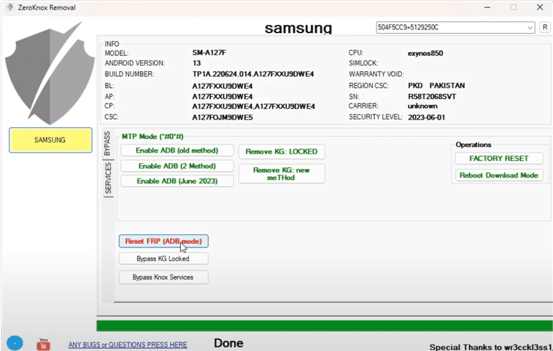 إعادة تعيين FRP في أداة إزالة ZeroKnox