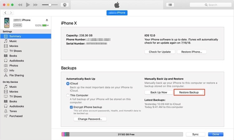 استعادة iPhone الجديد من iTunes Backup