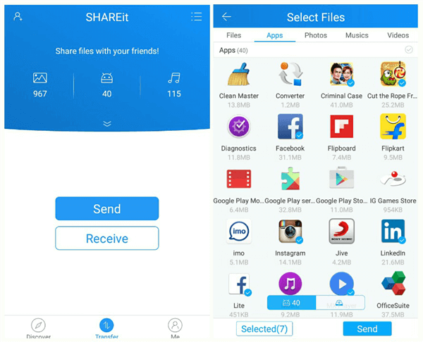 إرسال التطبيقات عبر Shareit