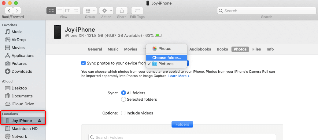 مزامنة الصور من Mac إلى iPhone عبر Finder