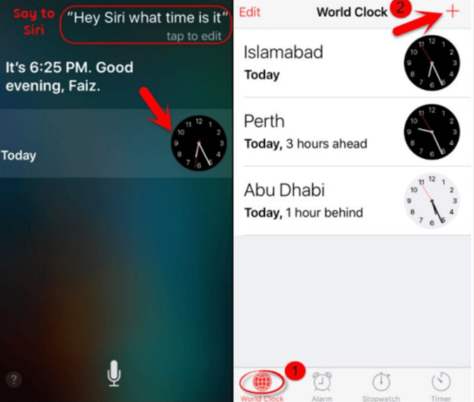 اضغط على علامة زائد في واجهة الساعة العالمية