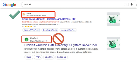 Site Oficial do DroidKit VS Site Clone