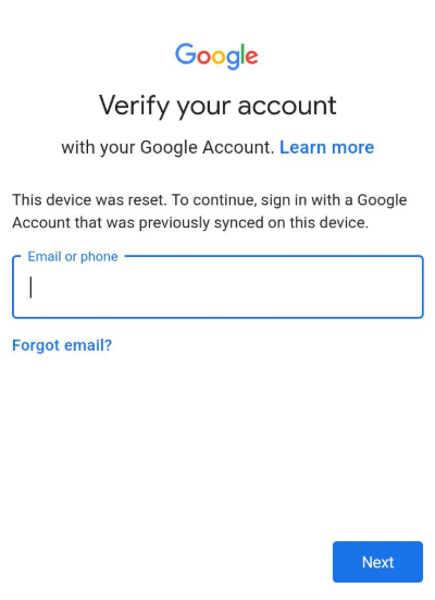 Tela de verificação da Conta Google em um Motorola após redefinição