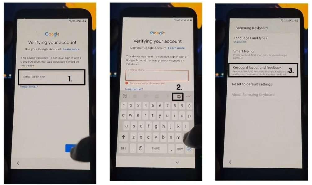 Tela de verificação da conta Google após redefinição de fábrica