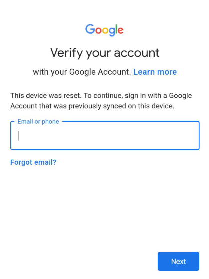 Tela de verificação da Conta Google em um Motorola após a redefinição de fábrica