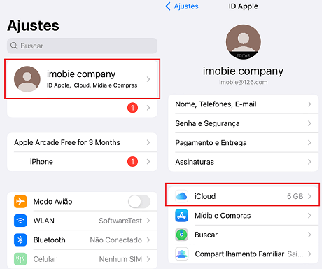 Clique em iCloud em Ajustes