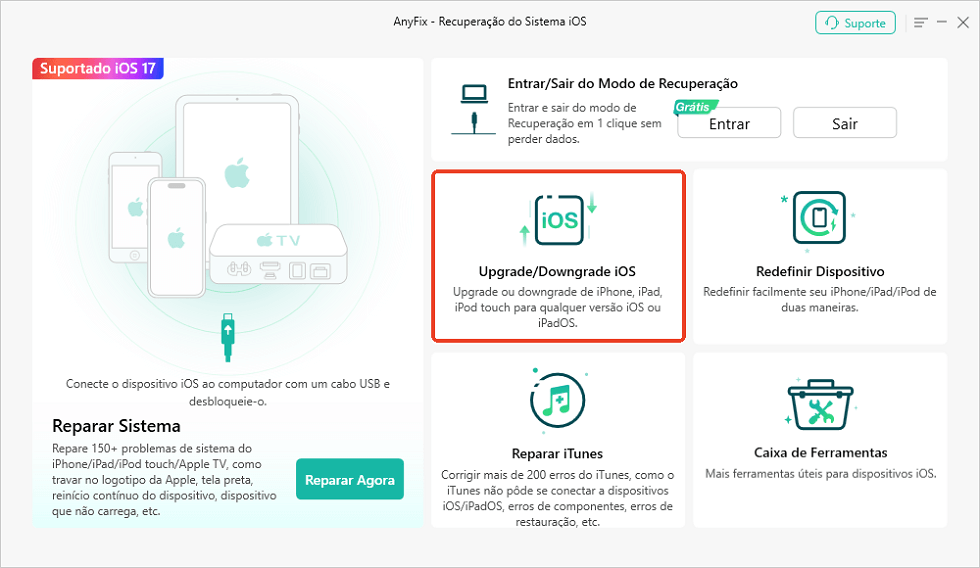 Opção de Upgrade/Downgrade do iOS no AnyFix