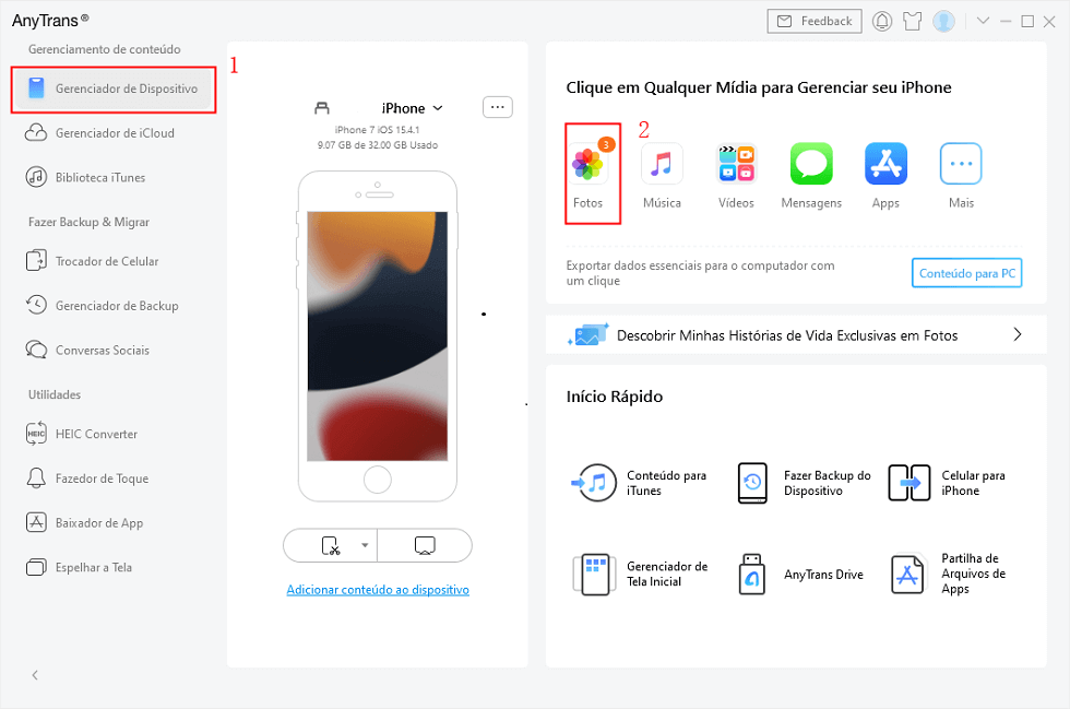 Clique em Fotos no Gerenciador de Dispositivo