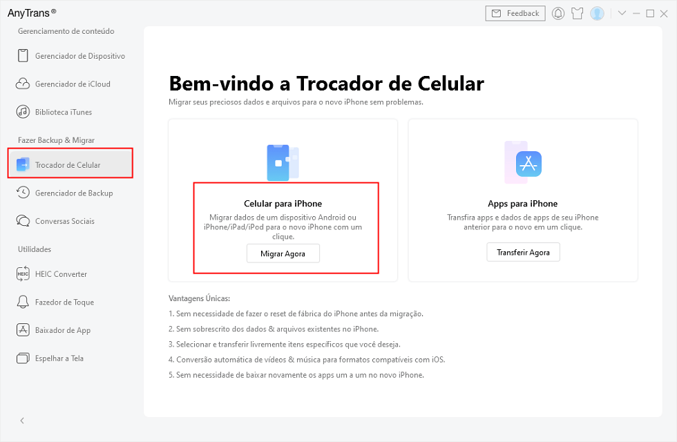 Escolher Migrar Agora em Trocador de Celular de AnyTrans