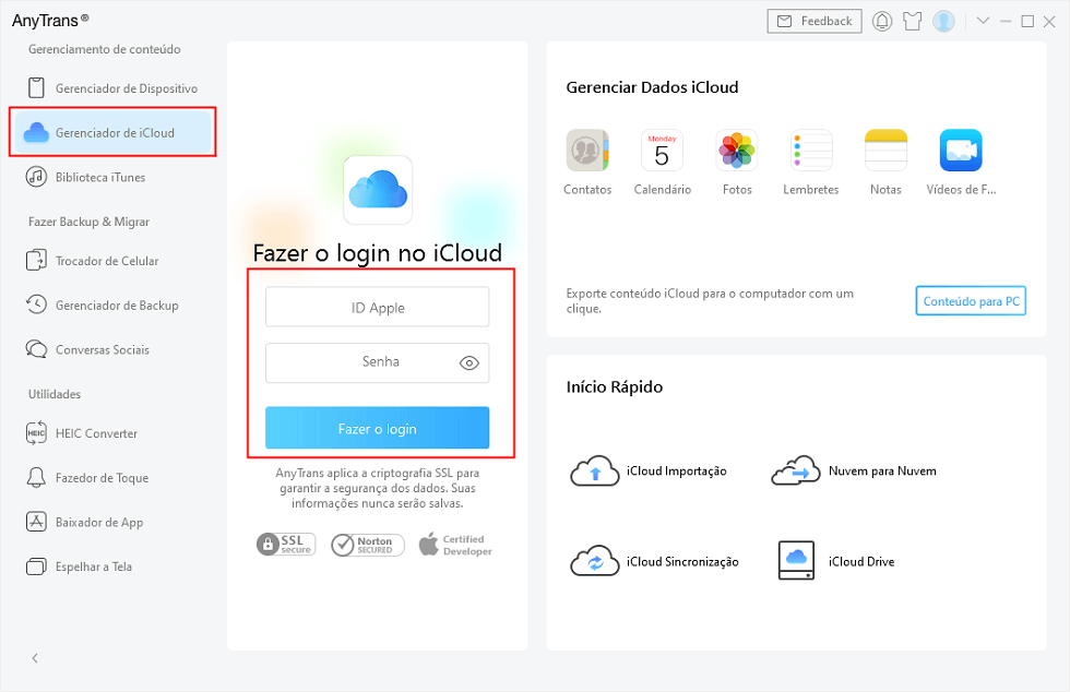 Fazer login de iCloud em AnyTrans