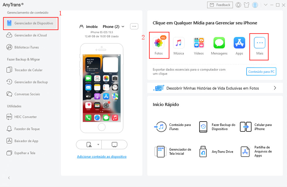 Clique em Fotos no Gerenciador de Dispositivo