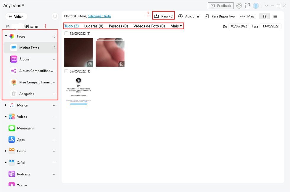 Selecionar Fotos de iPhone para PC