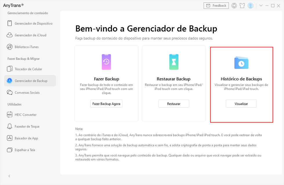 Clique no Histórico de Backups em Gerenciador de Backup