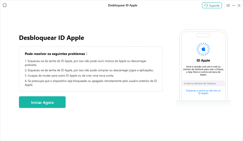 Clicar em Iniciar Agora para desbloquear ID Apple