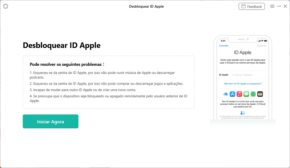 Clicar em Iniciar Agora para desbloquear ID Apple