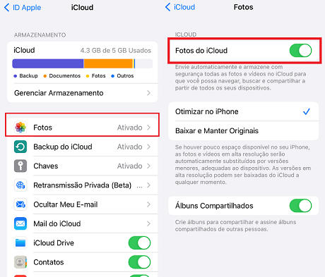 Ativar Fotos da sincronização de iCloud