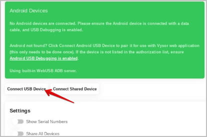 Clique em Conectar dispositivo USB no Vysor