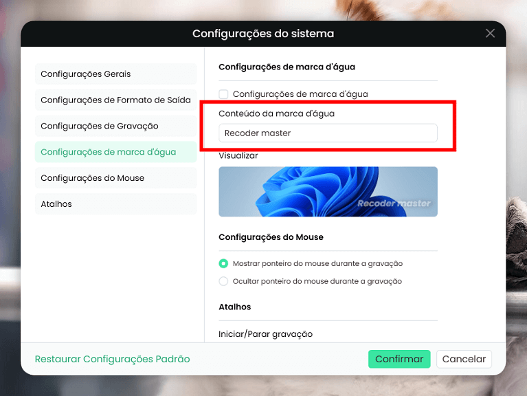 Personalize a marca d'água nas configurações