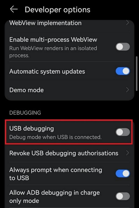 Habilite a depuração USB no Android