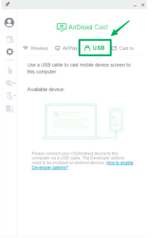 Escolha o modo USB no AirDroid Cast
