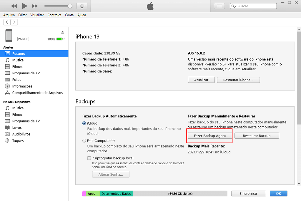 Faça Backup do iPhone para PC Usando iTunes