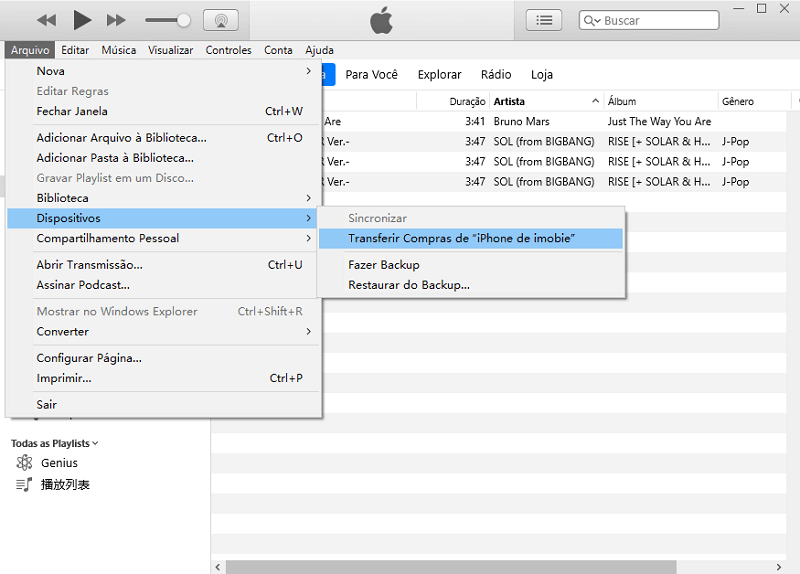 Transferir músicas do iPhone para PC com iTunes