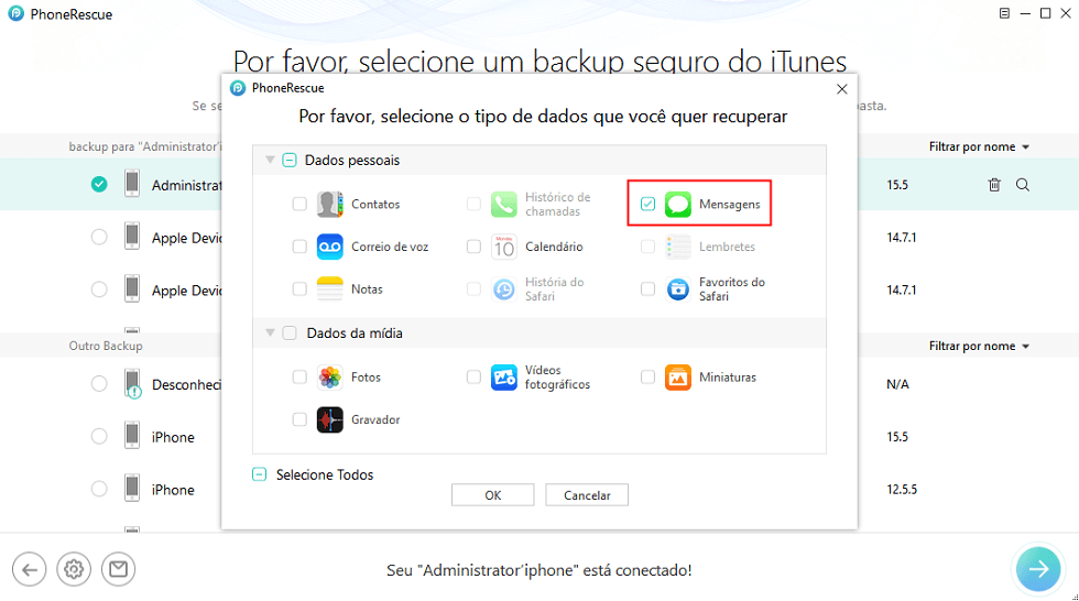 Selecionar dados do backup de iTunes