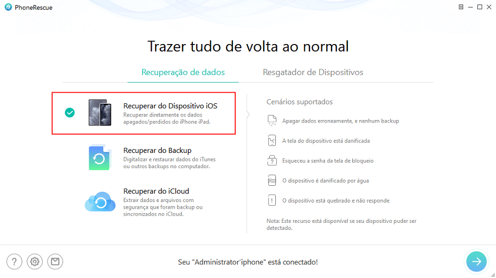 Selecionar o modo de recuperar em PhoneRescue