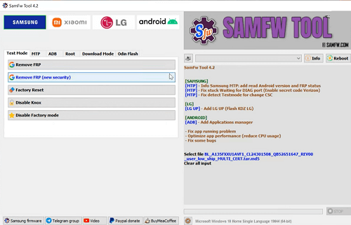 Interface de abertura do SamFw FRP Tool