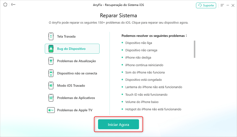 Selecione o Bug do Dispositivo no AnyFix para Corrigir o Problema de Carregamento