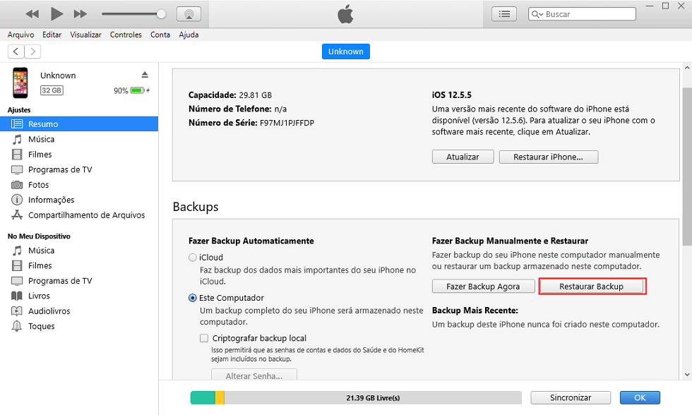 Selecione Restaurar Backup em iTunes
