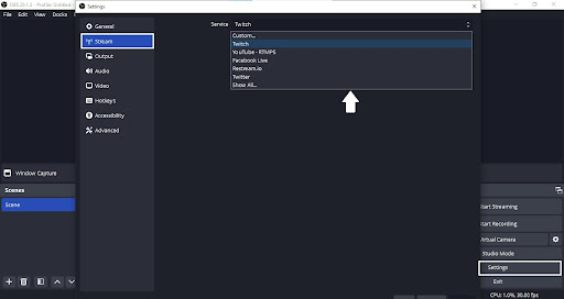 Selecionando a plataforma de streaming na configuração OBS