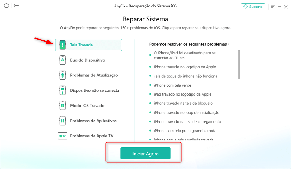 Tela Travada para Reparo do Sistema AnyFix