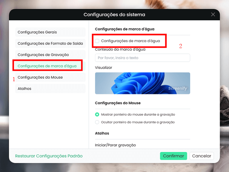 Desmarque a marca d'água em Configurações