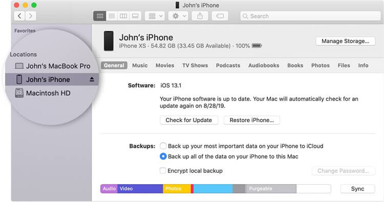 Veja o iPhone conectado com o Finder no Mac