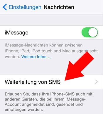 iMessage deaktivieren: Weiterleitung antippen – Schritt 2