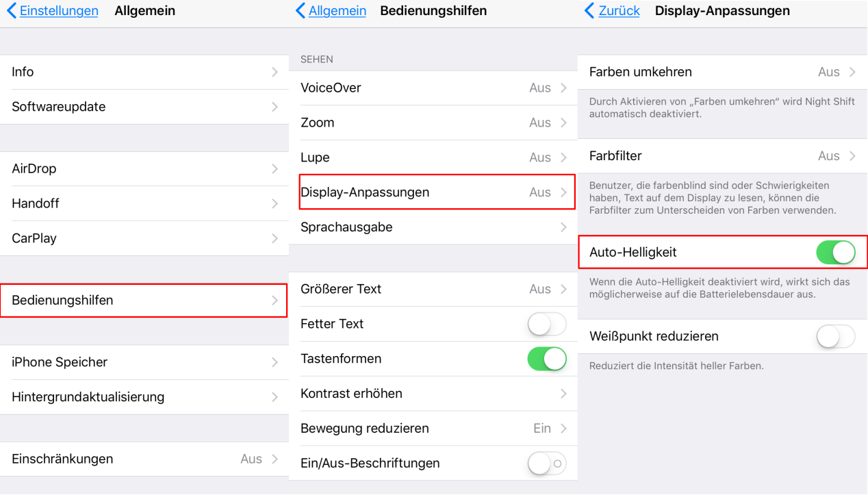 iOS 11 automatische Heilligket & Auto-Brightness erfolgreich deaktivieren