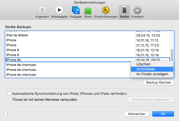 iPhone 6s Backup in iTunes archivieren – Schritt 5