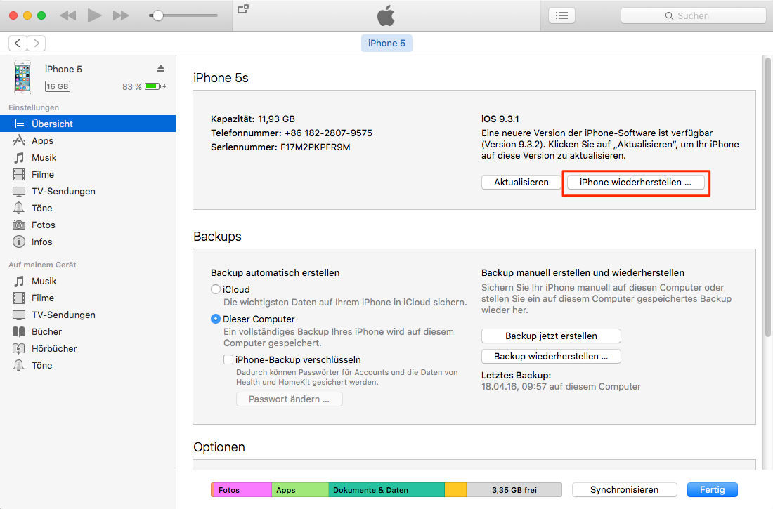 iPhone 6s/6/5s/5/4s/4 zurücksetzen über iTunes