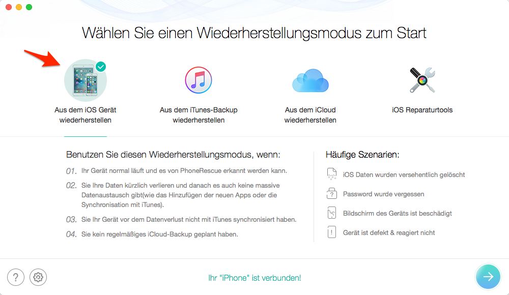 Drei Wiederherstellungsmodus von PhoneRescue
