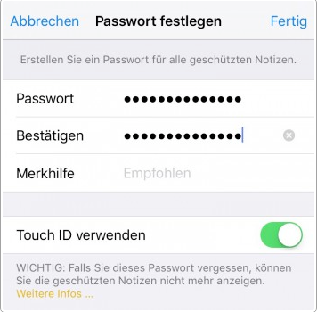 Passwort einstellen und Touch ID aktivieren