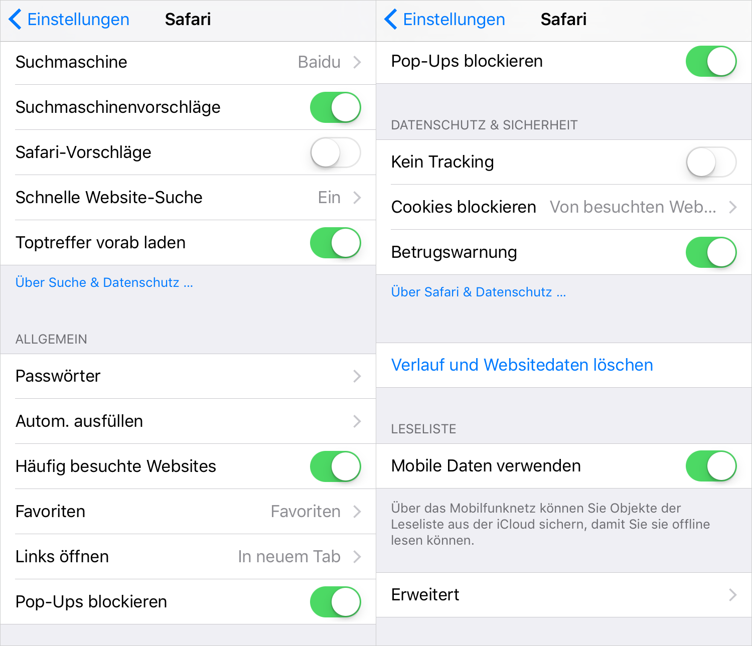 Einstellungen von Safari überprüfen und deaktivieren